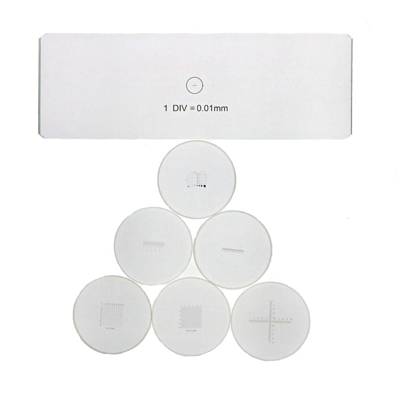 Labnique 7-piece calibration kit featuring one 0.01mm stage micrometer slide and six 19mm eyepiece reticles including cross-line, grid, and linear scales
