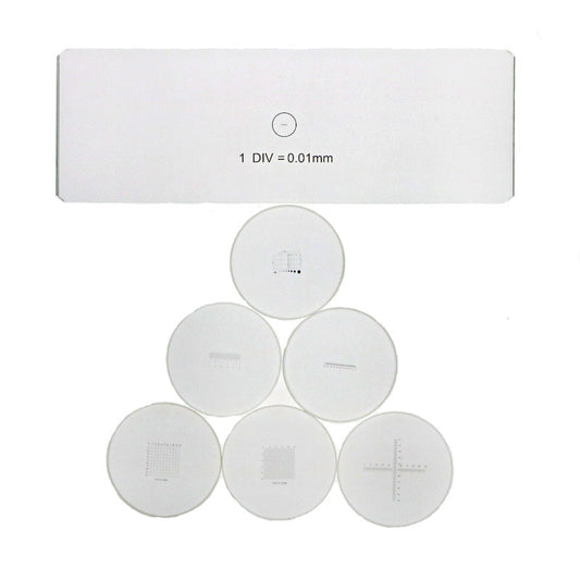 Labnique 7-piece calibration kit featuring one 0.01mm stage micrometer slide and six 19mm eyepiece reticles including cross-line, grid, and linear scales