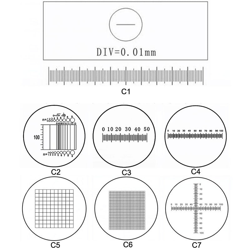 Technical diagram showing the C1 stage micrometer scale (0.01mm) alongside C2 through C7 eyepiece reticle patterns including grids, cross-lines, and linear scales.