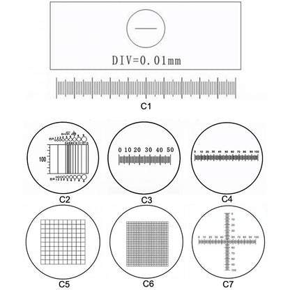 Technical diagram showing the C1 stage micrometer scale (0.01mm) alongside C2 through C7 eyepiece reticle patterns including grids, cross-lines, and linear scales.