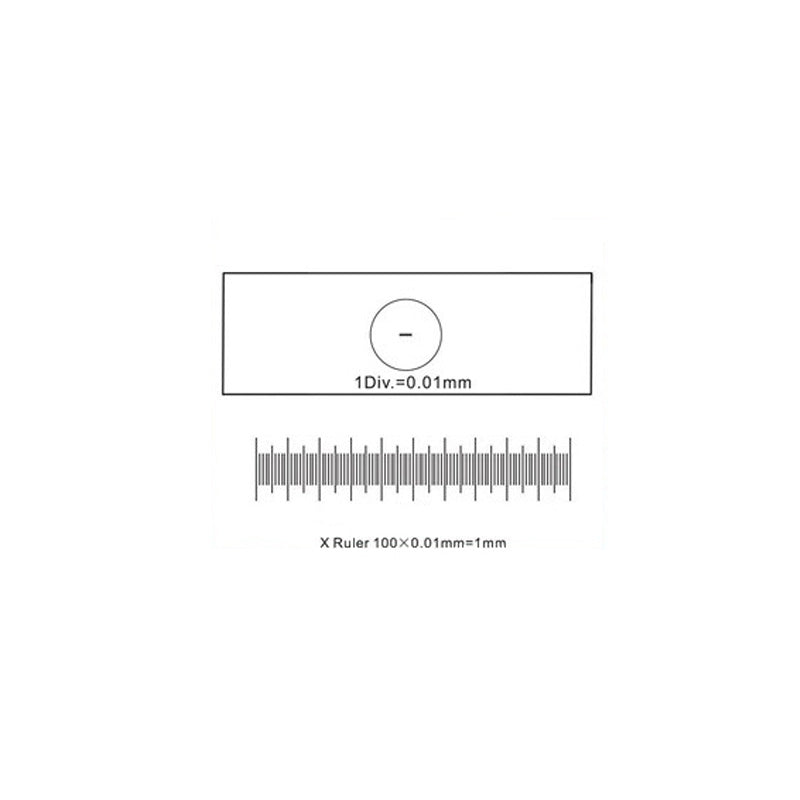 Technical diagram of the C1 stage micrometer showing a 1mm total length scale divided into 100 parts with 0.01mm resolution.