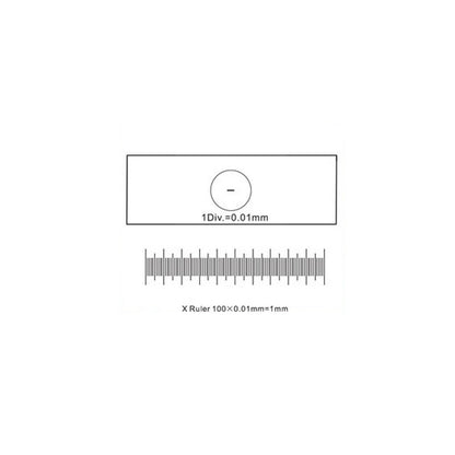 Technical diagram of the C1 stage micrometer showing a 1mm total length scale divided into 100 parts with 0.01mm resolution.