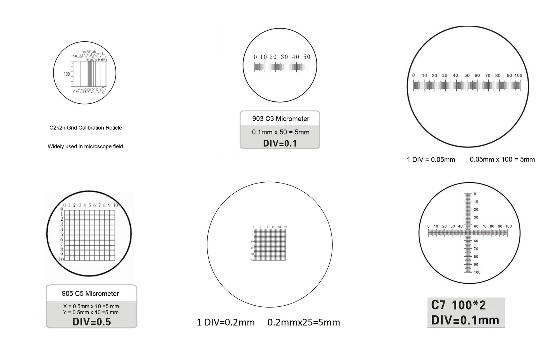 Technical diagram of six 19mm eyepiece reticles (C2 to C7) showing linear scales, grid patterns, cross-hairs, and concentric circle scales for microscopy.