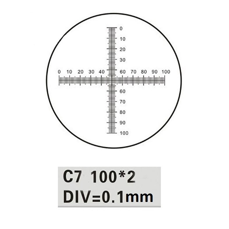 Technical diagram of the C7 eyepiece micrometer reticle featuring a cross-line scale with 0.1mm divisions and a 10mm total measurement length.