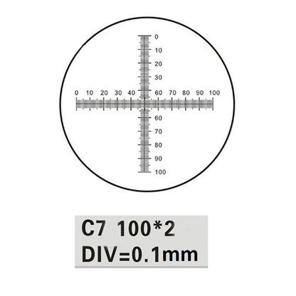 Technical diagram of the C7 eyepiece micrometer reticle featuring a cross-line scale with 0.1mm divisions and a 10mm total measurement length.