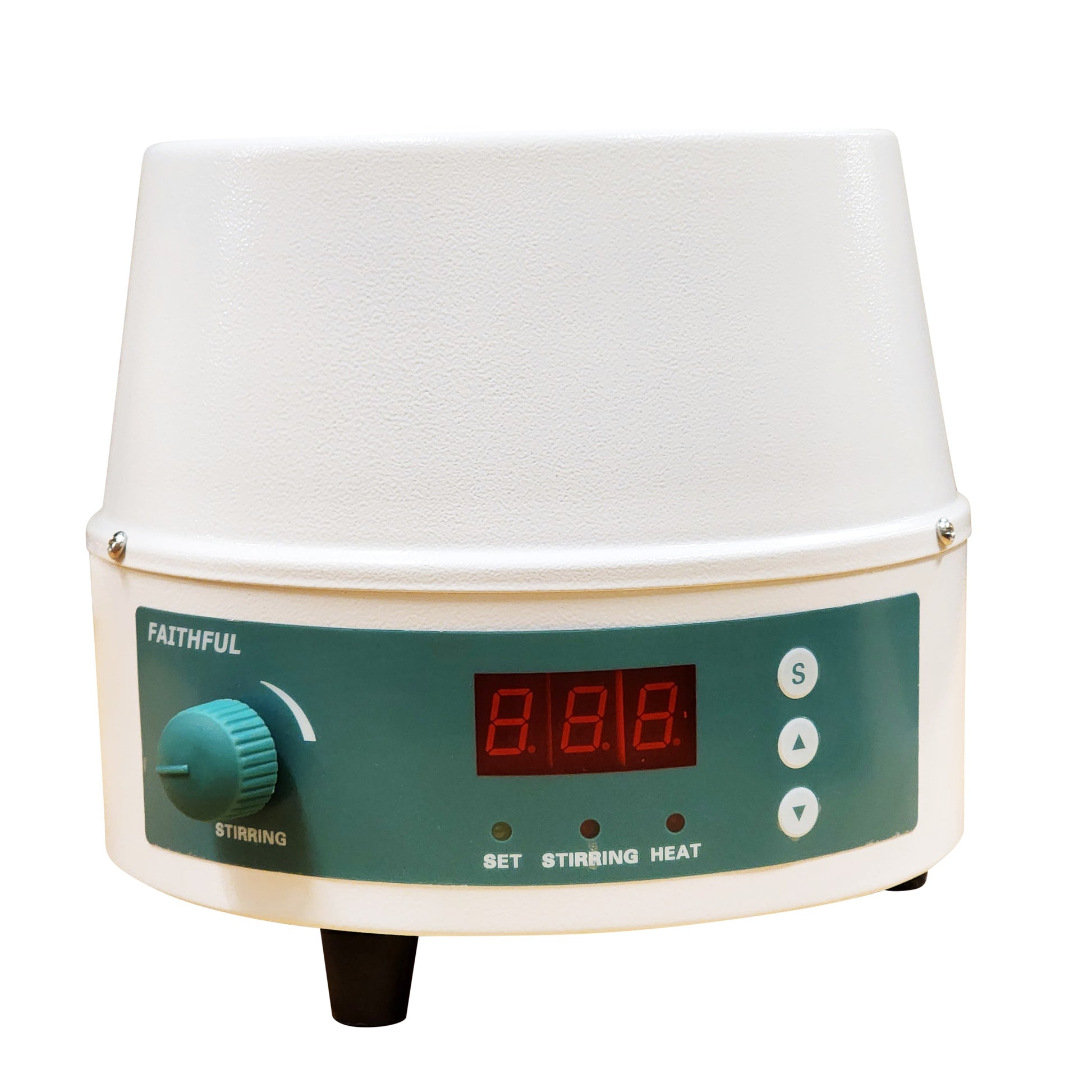 Close-up of the digital temperature display and stepless speed control knob on the heating mantle.