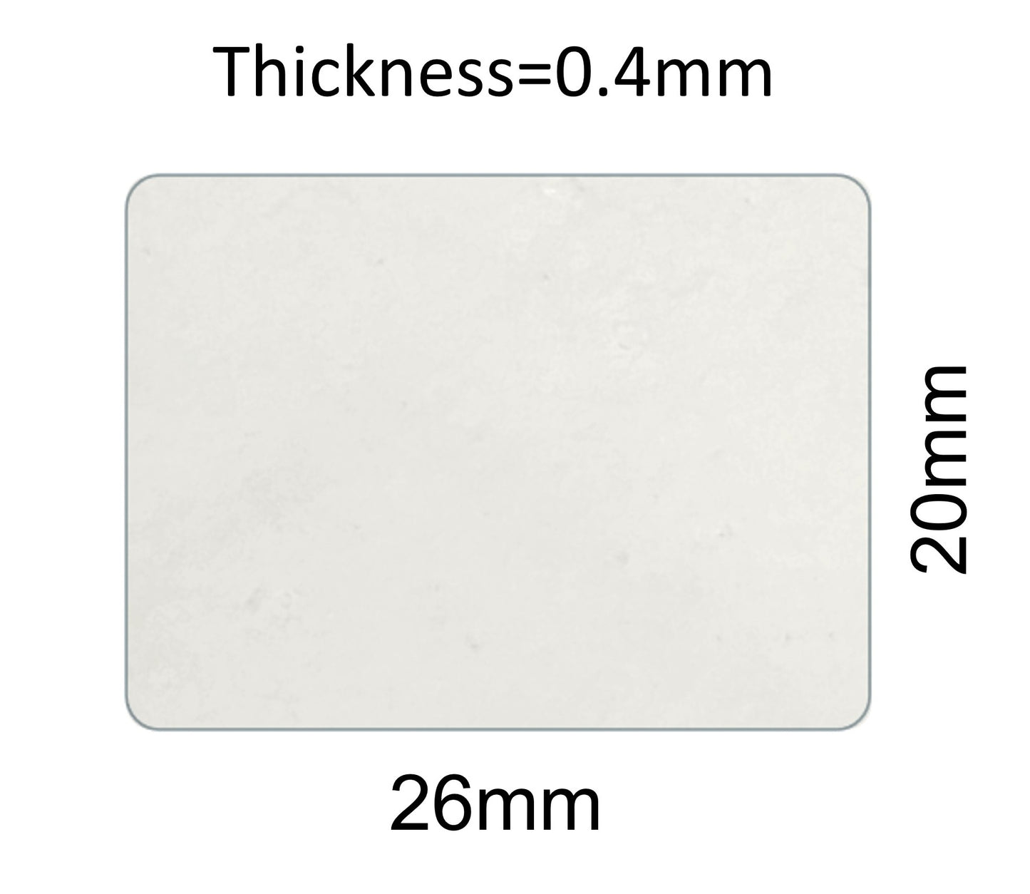 Technical diagram of a Labnique hemocytometer cover glass showing dimensions of 26mm length, 20mm width, and 0.4mm thickness.