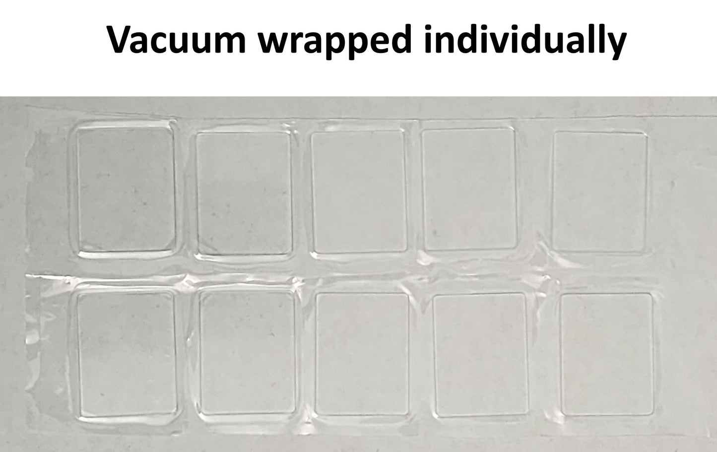 Pack of 10 Labnique hemocytometer cover glasses shown in their individual vacuum-wrapped protective packaging to ensure a lint-free, clean surface.