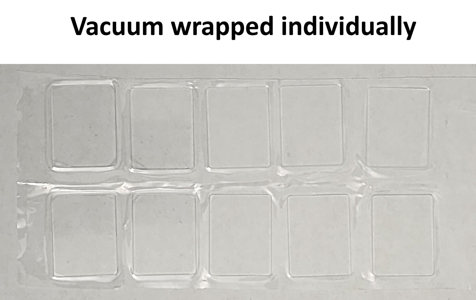 Pack of 10 Labnique hemocytometer cover glasses shown in their individual vacuum-wrapped protective packaging to ensure a lint-free, clean surface.
