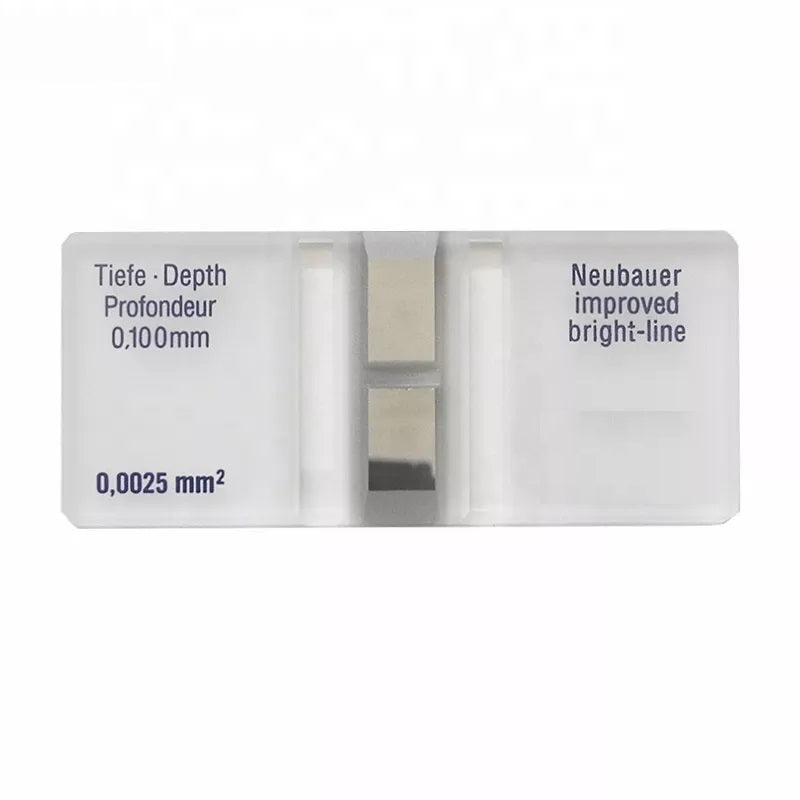 Top view of the Labnique Improved Neubauer Hemocytometer slide showing the 0.100mm depth marking and Bright-Line metallized counting surface.