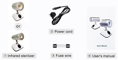 Components of an infrared sterilizer: the sterilizer unit, power cord, fuse wire, and user's manual.