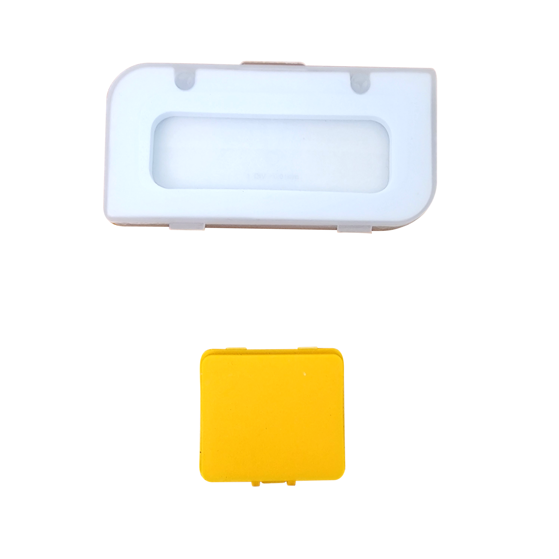 Two individual protective storage cases for the Labnique calibration set: one white rectangular slide case and one yellow square reticle case.