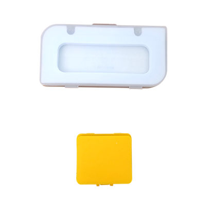 Two individual protective storage cases for the Labnique calibration set: one white rectangular slide case and one yellow square reticle case.