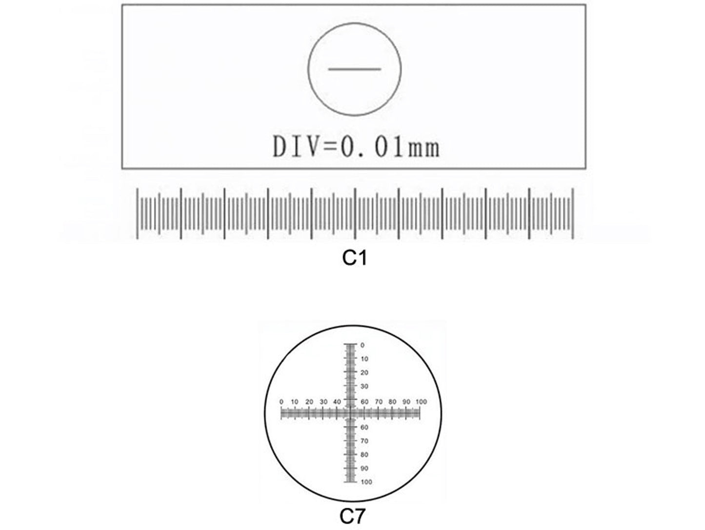 Technical diagram showing C1 stage micrometer scale with 0.01mm divisions and C7 cross-line eyepiece reticle pattern for microscope calibration.