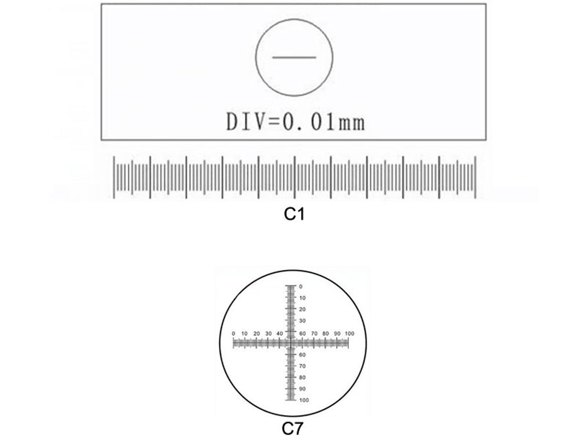 Technical diagram showing C1 stage micrometer scale with 0.01mm divisions and C7 cross-line eyepiece reticle pattern for microscope calibration.