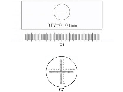 Technical diagram showing C1 stage micrometer scale with 0.01mm divisions and C7 cross-line eyepiece reticle pattern for microscope calibration.