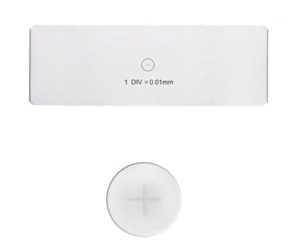Labnique calibration set featuring a 75x25mm glass stage micrometer with 0.01mm resolution and a 19mm eyepiece micrometer reticle with 0.1mm resolution.