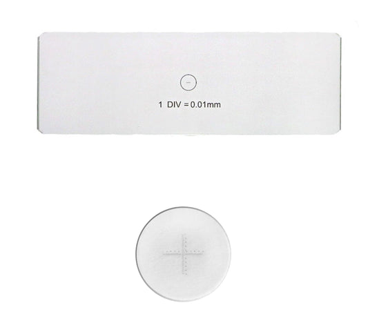 Labnique calibration set featuring a 75x25mm glass stage micrometer with 0.01mm resolution and a 19mm eyepiece micrometer reticle with 0.1mm resolution.