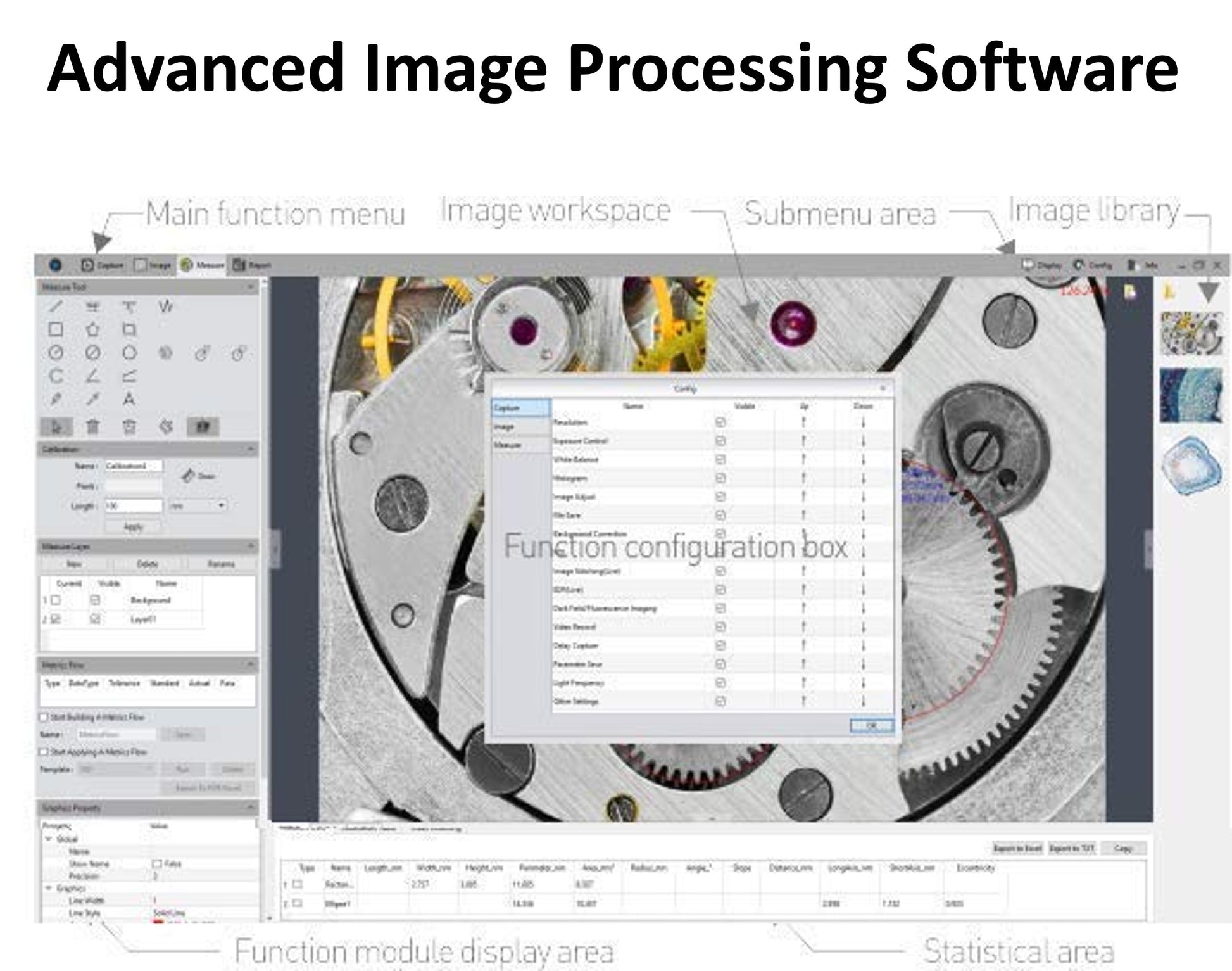 Mosaic V2.0 software interface showing real-time 5MP image capture, measurement tools, and graphics-accelerated live preview.