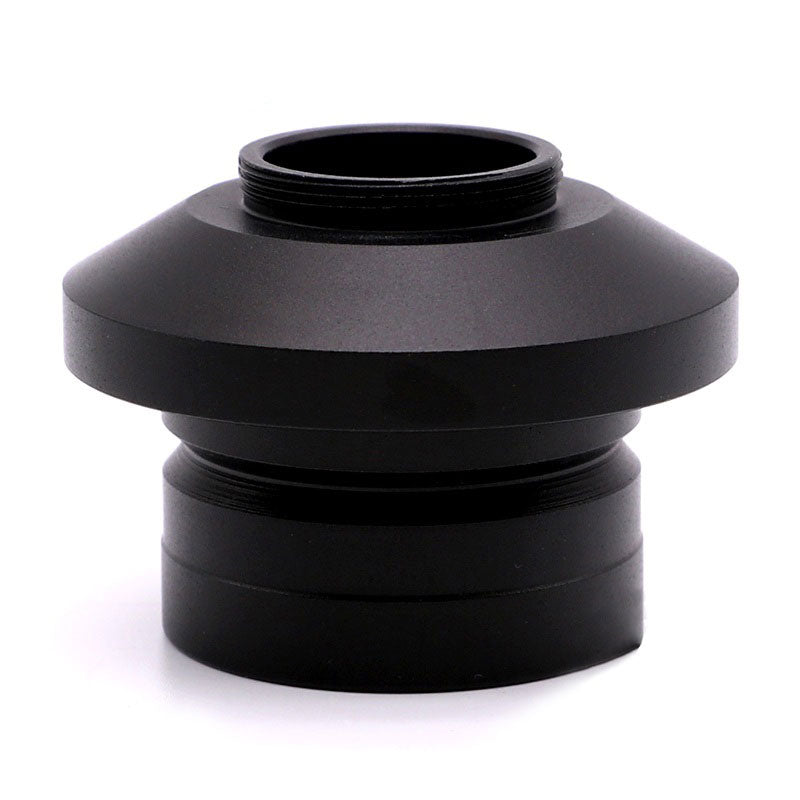Black anodized aluminum C-mount adapter for Nikon microscopes with a standard ISO 38mm photoport.