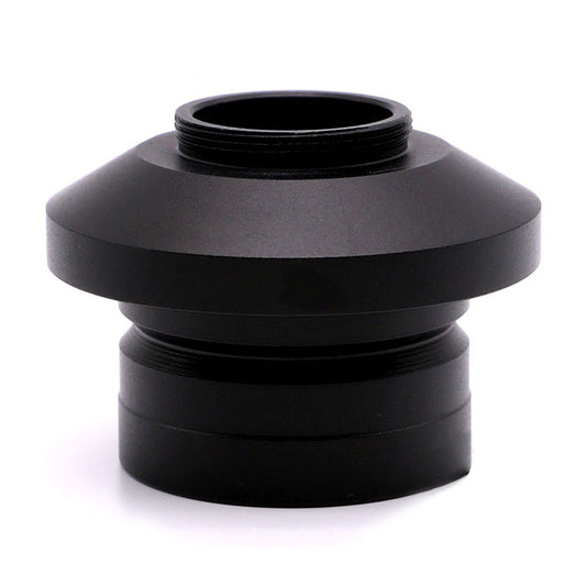 Black anodized aluminum C-mount adapter for Nikon microscopes with a standard ISO 38mm photoport.