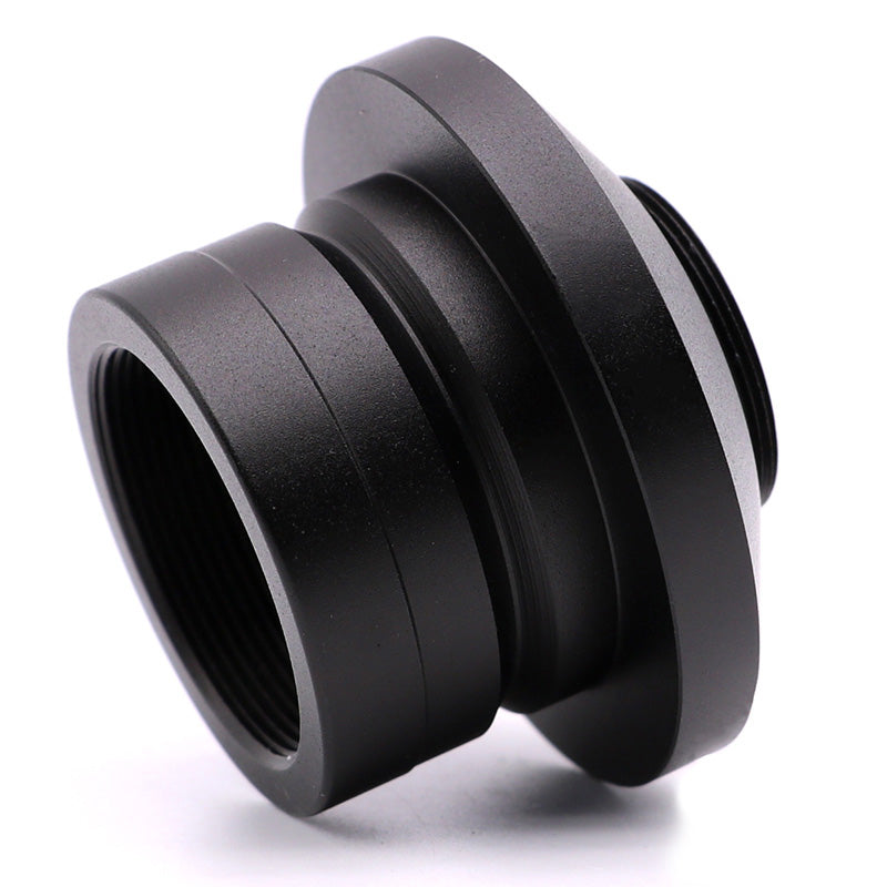 3/4 angle view of the Labnique Nikon C-mount adapter showing the 38mm ISO base and the sleek anodized finish.