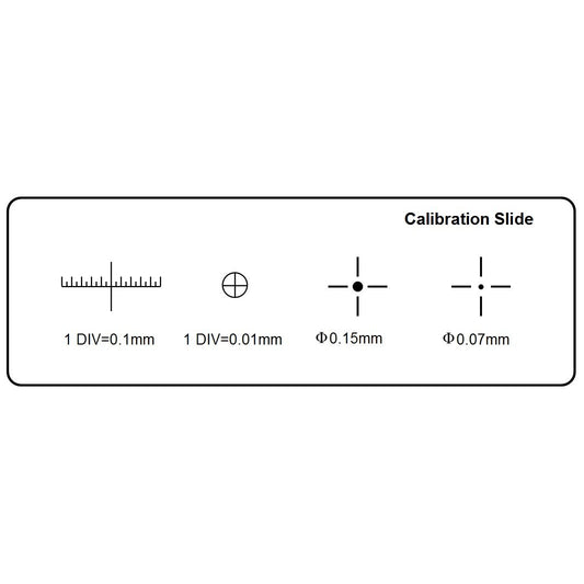 Technical diagram of TCM-H calibration slide showing 4 etched scales: 0.1mm linear scale, 0.01mm cross-hair, and 0.15mm and 0.07mm concentric circles.