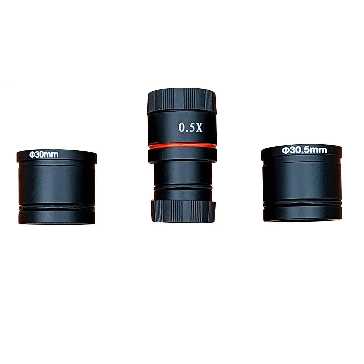 Detail view of Universal 0.5x C-mount microscope camera adapter kit with 30mm and 30.5mm expansion sleeves.