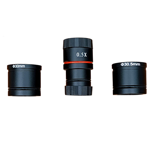 Detail view of Universal 0.5x C-mount microscope camera adapter kit with 30mm and 30.5mm expansion sleeves.