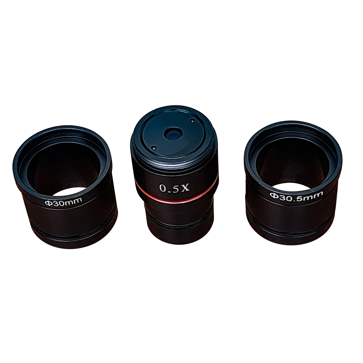 Universal 0.5x C-mount microscope camera adapter kit with 30mm and 30.5mm expansion sleeves.