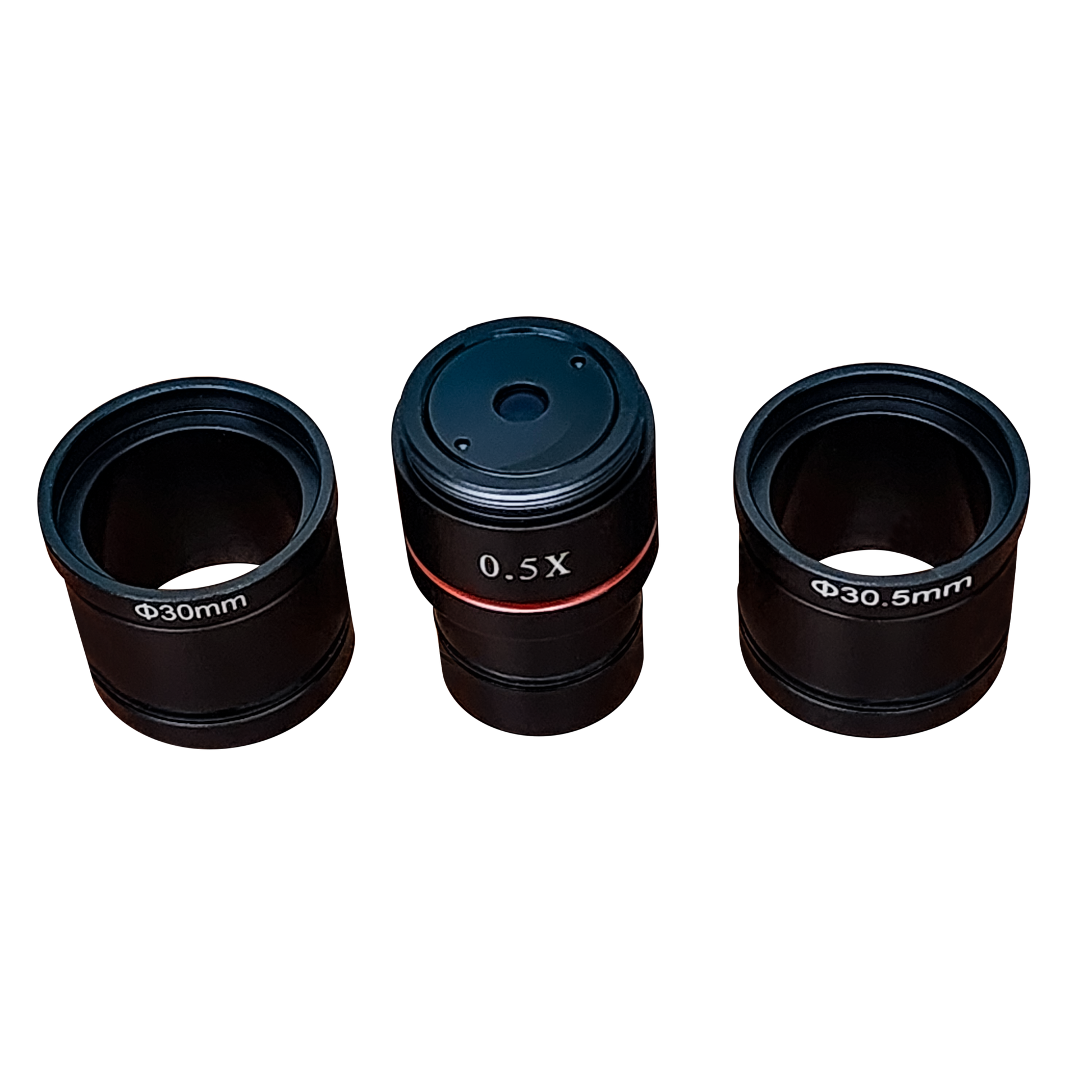 Universal 0.5x C-mount microscope camera adapter kit with 30mm and 30.5mm expansion sleeves.