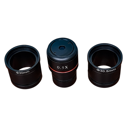 Universal 0.5x C-mount microscope camera adapter kit with 30mm and 30.5mm expansion sleeves.