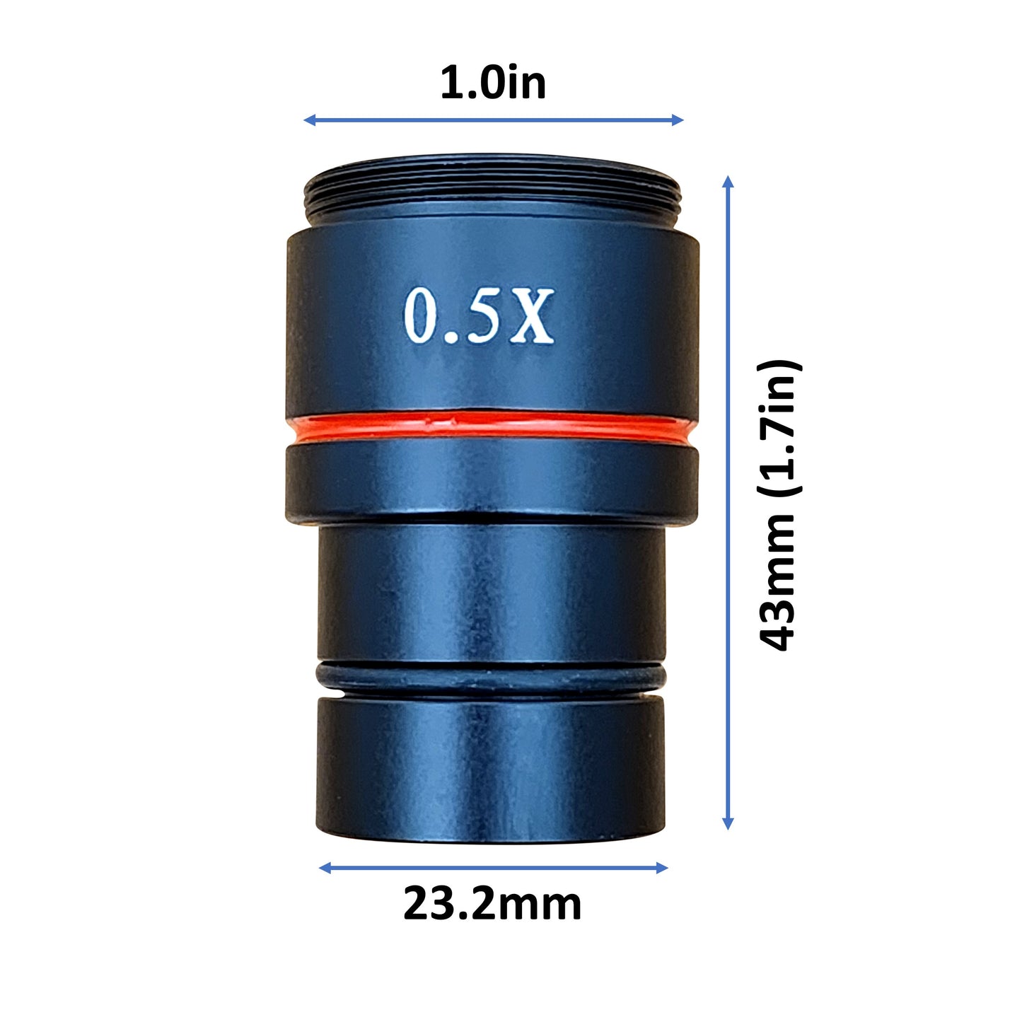 Technical dimensions of the 0.5x eyepiece adapter showing height, diameter, and standard C-mount threading.
