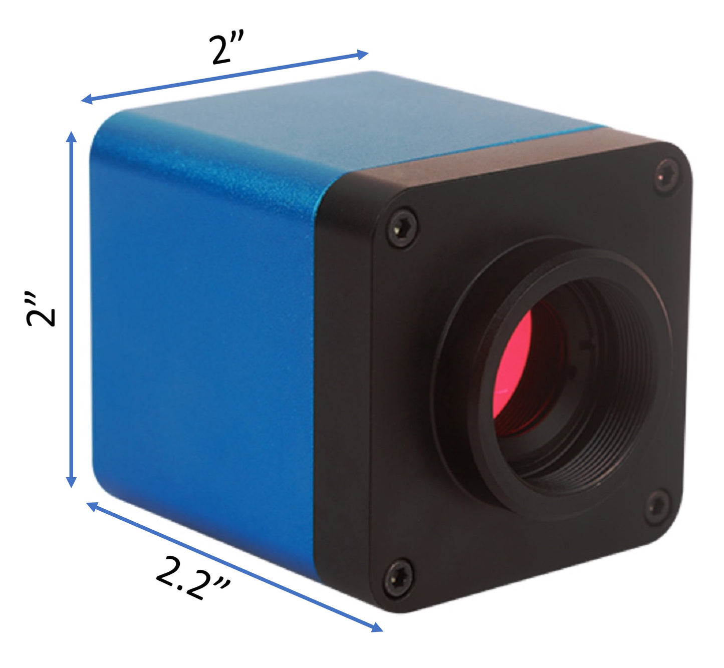 Compact blue microscope camera dimensions 2.2 x 2 x 2 inches with C-mount threading.