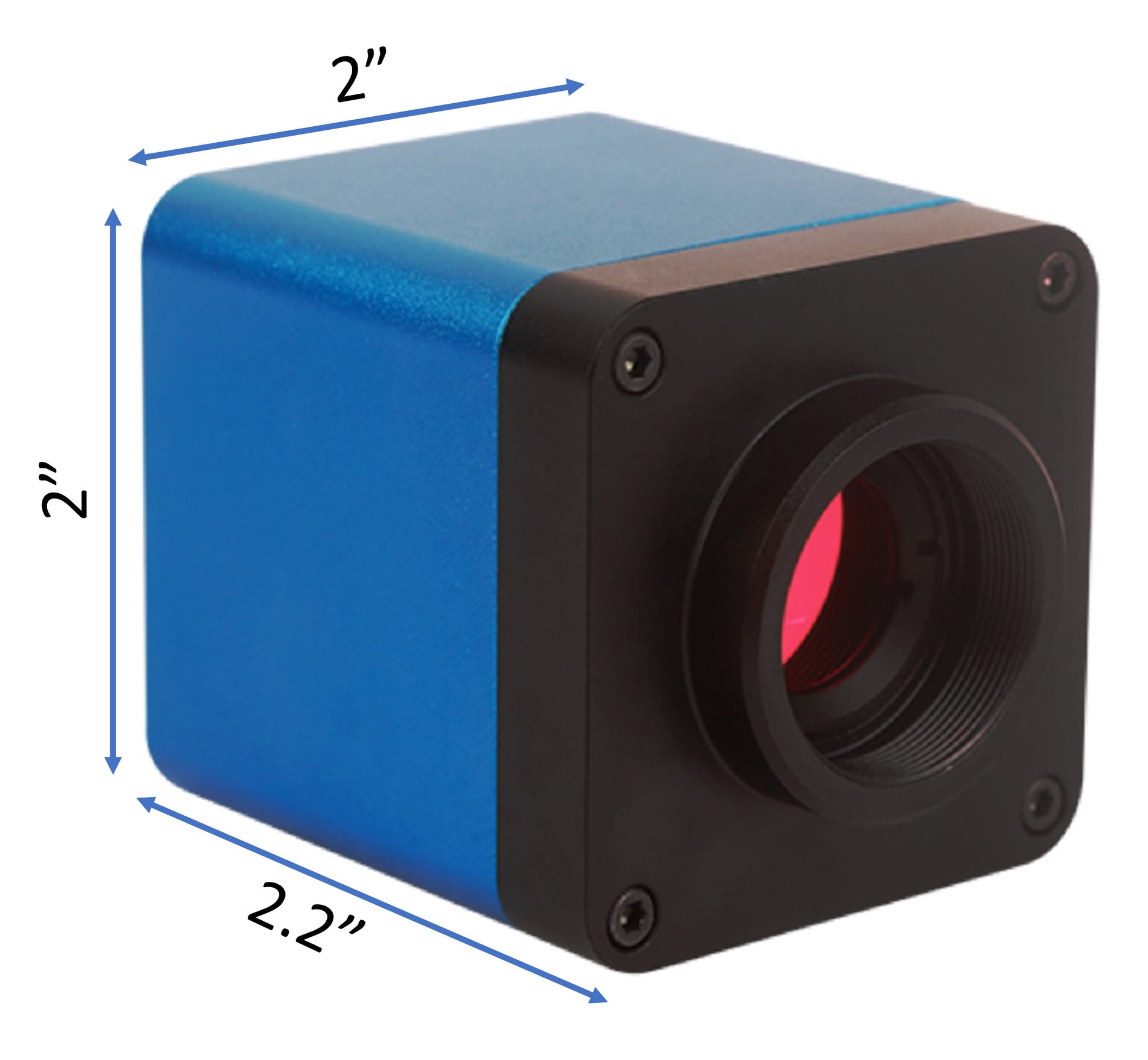 Compact blue microscope camera dimensions 2.2 x 2 x 2 inches with C-mount threading.
