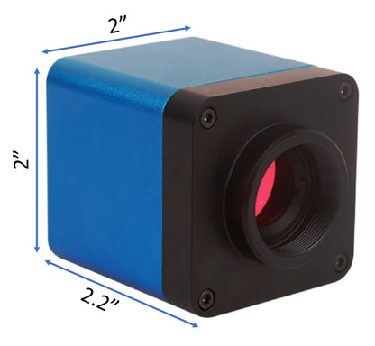Compact blue microscope camera dimensions 2.2 x 2 x 2 inches with C-mount threading.