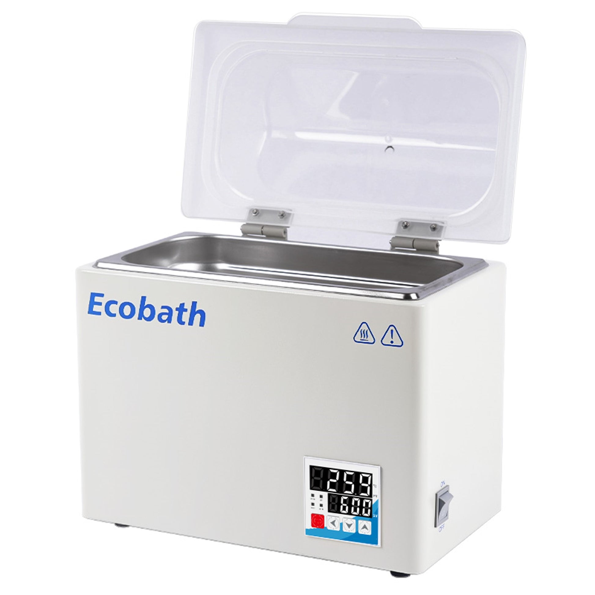 EcoBath water bath, digital display, with lid open.