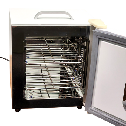  Labnique 10L Microyn digital lab incubator, RT+5 to 65C, door open showing multiple wire shelves.