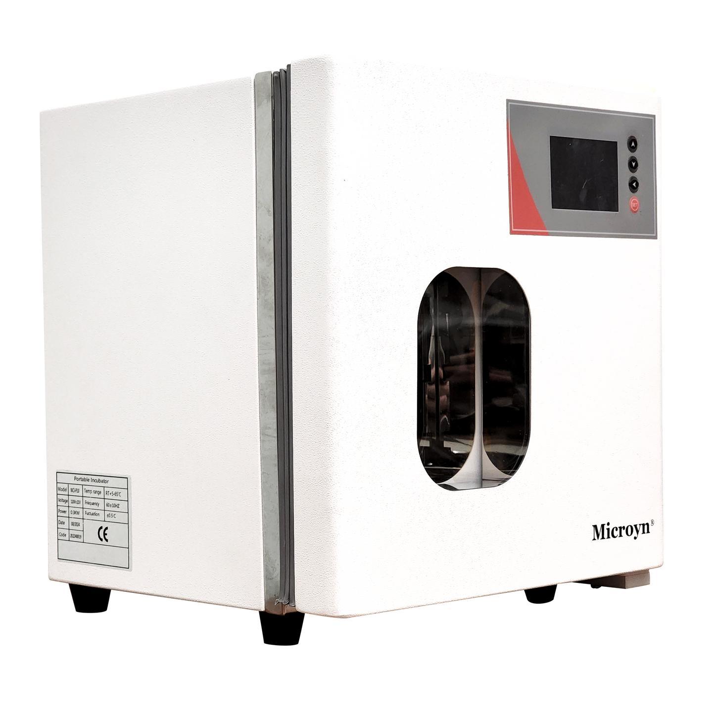 Labnique 10L Microyn digital lab incubator, RT+5 to 65C, front angled view with window and display.