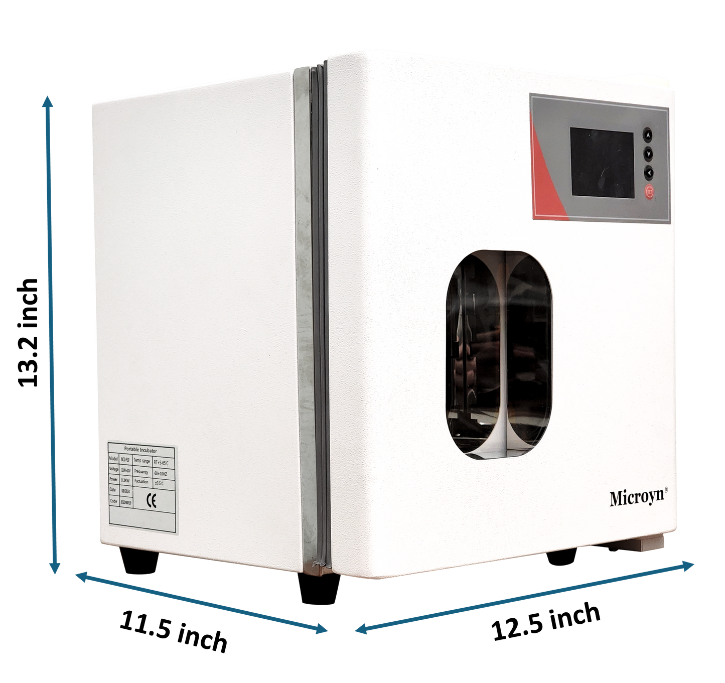 Labnique 10L Microyn digital lab incubator, RT+5 to 65C, with dimensions: 13.2h x 11.5w x 12.5d inches.
