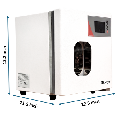 Labnique 10L Microyn digital lab incubator, RT+5 to 65C, with dimensions: 13.2h x 11.5w x 12.5d inches.