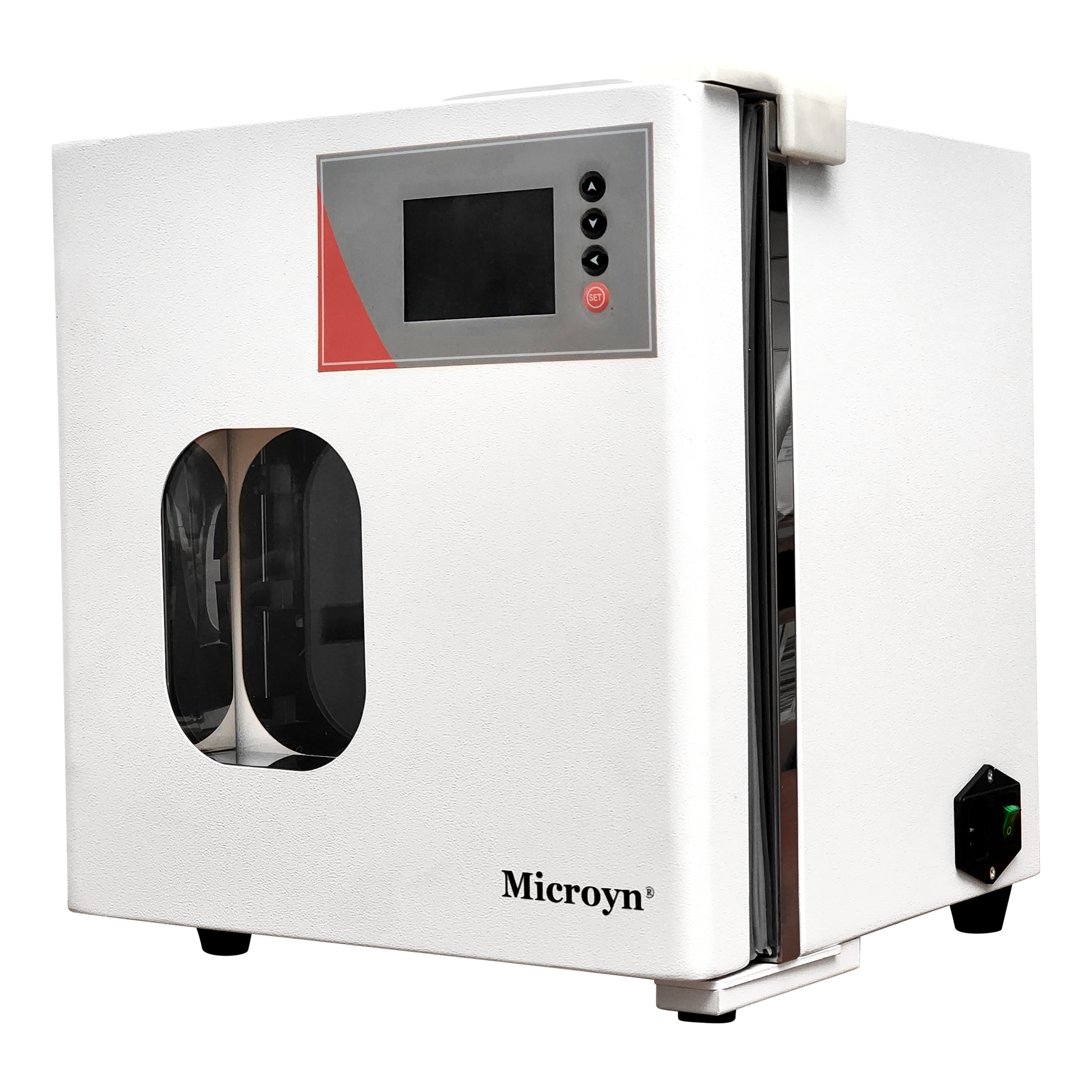 Labnique 10L Microyn digital lab incubator, RT+5 to 65C, rear angled view showing power inlet.