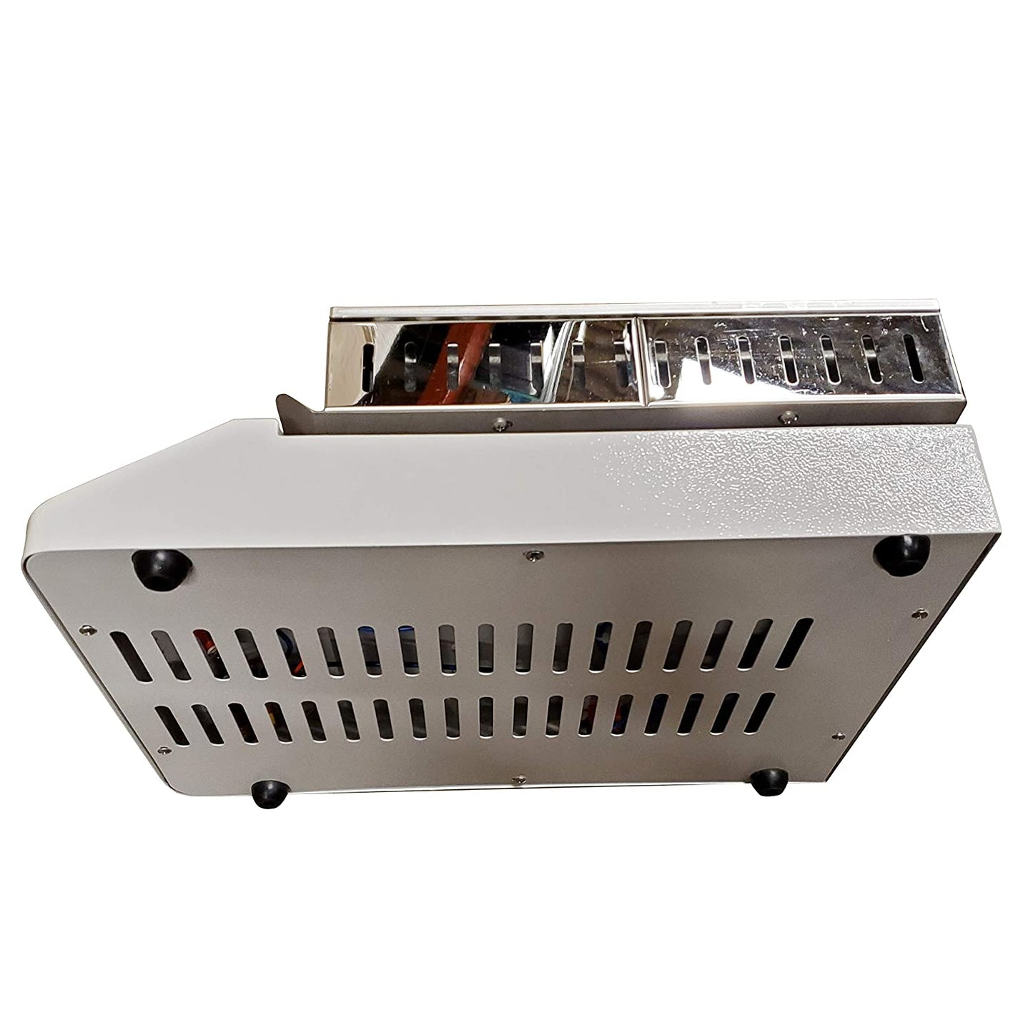Labnique large 12x12 analog hot plate, 320C, bottom and side view with vents and feet.