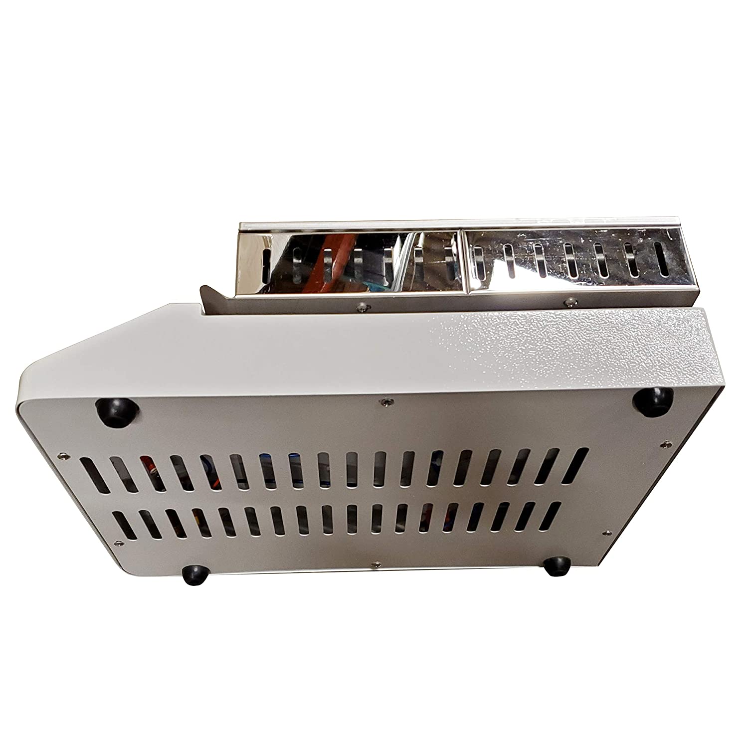 Labnique large 12x12 analog hot plate, 320C, bottom and side view with vents and feet.