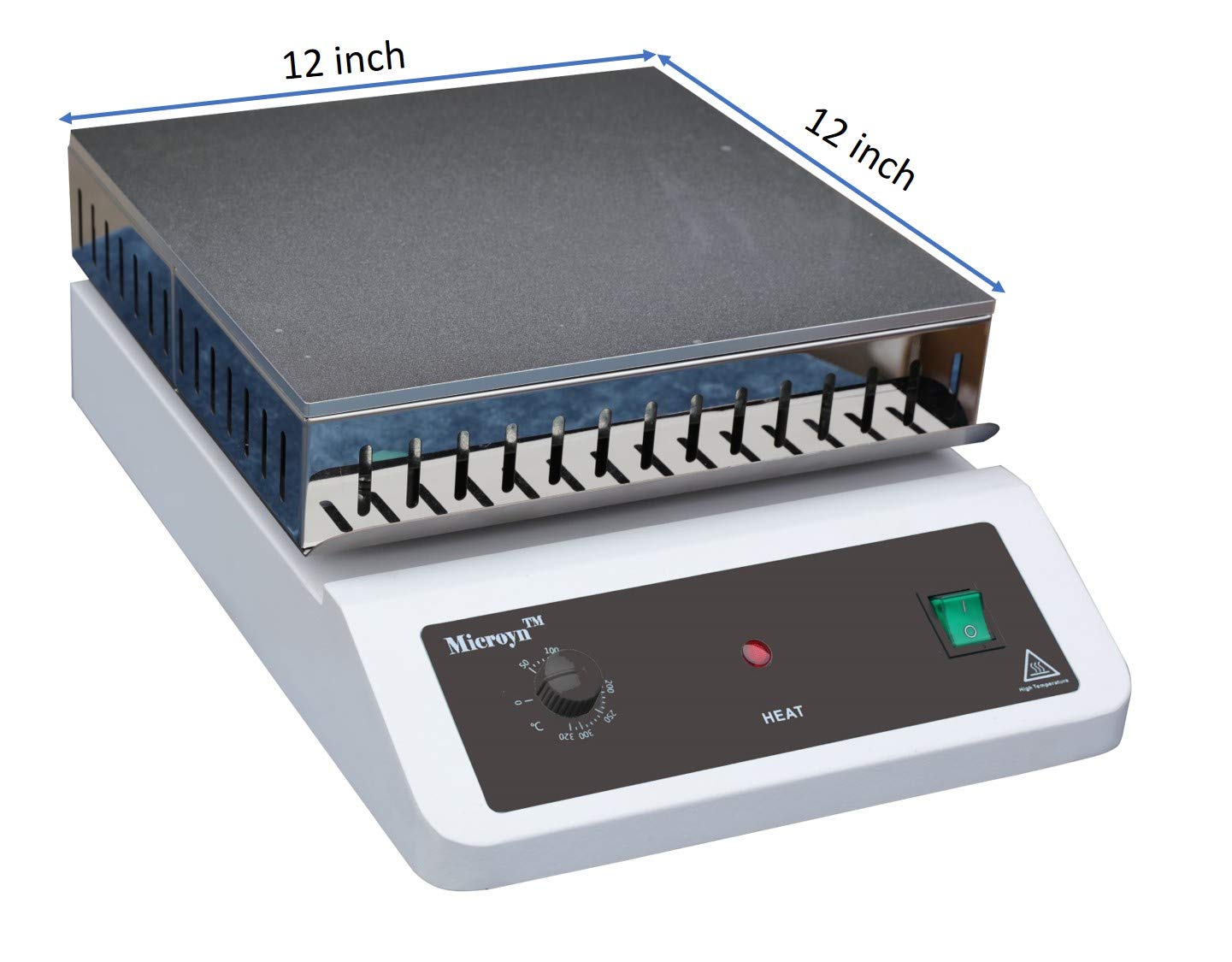 Labnique large 12x12 analog hot plate, 320C, with plate dimensions shown.