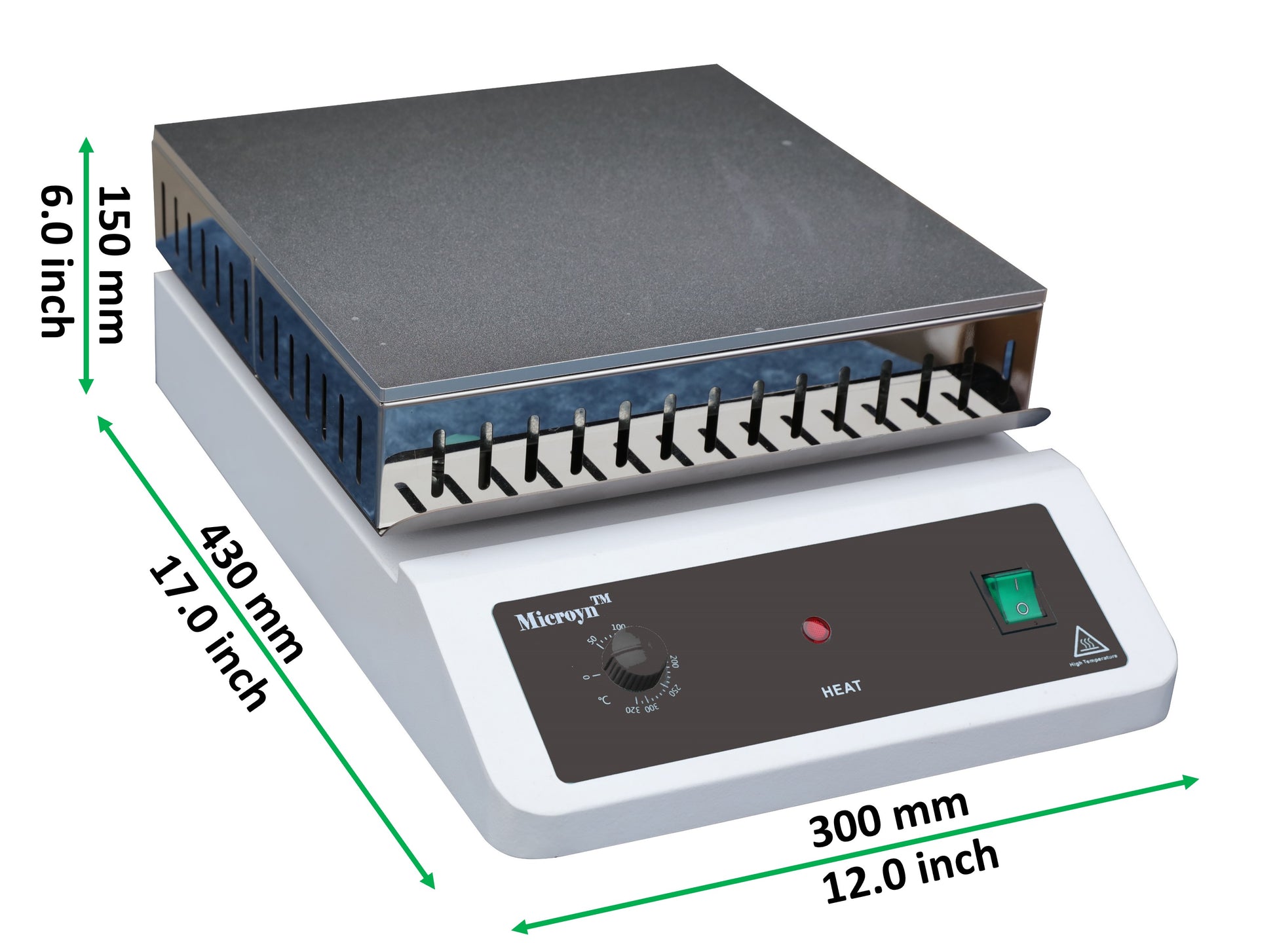 Labnique large 12x12 analog hot plate, 320C, with height, width, and depth dimensions.