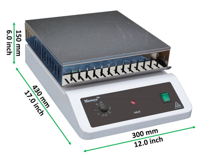 Labnique large 12x12 analog hot plate, 320C, with height, width, and depth dimensions.