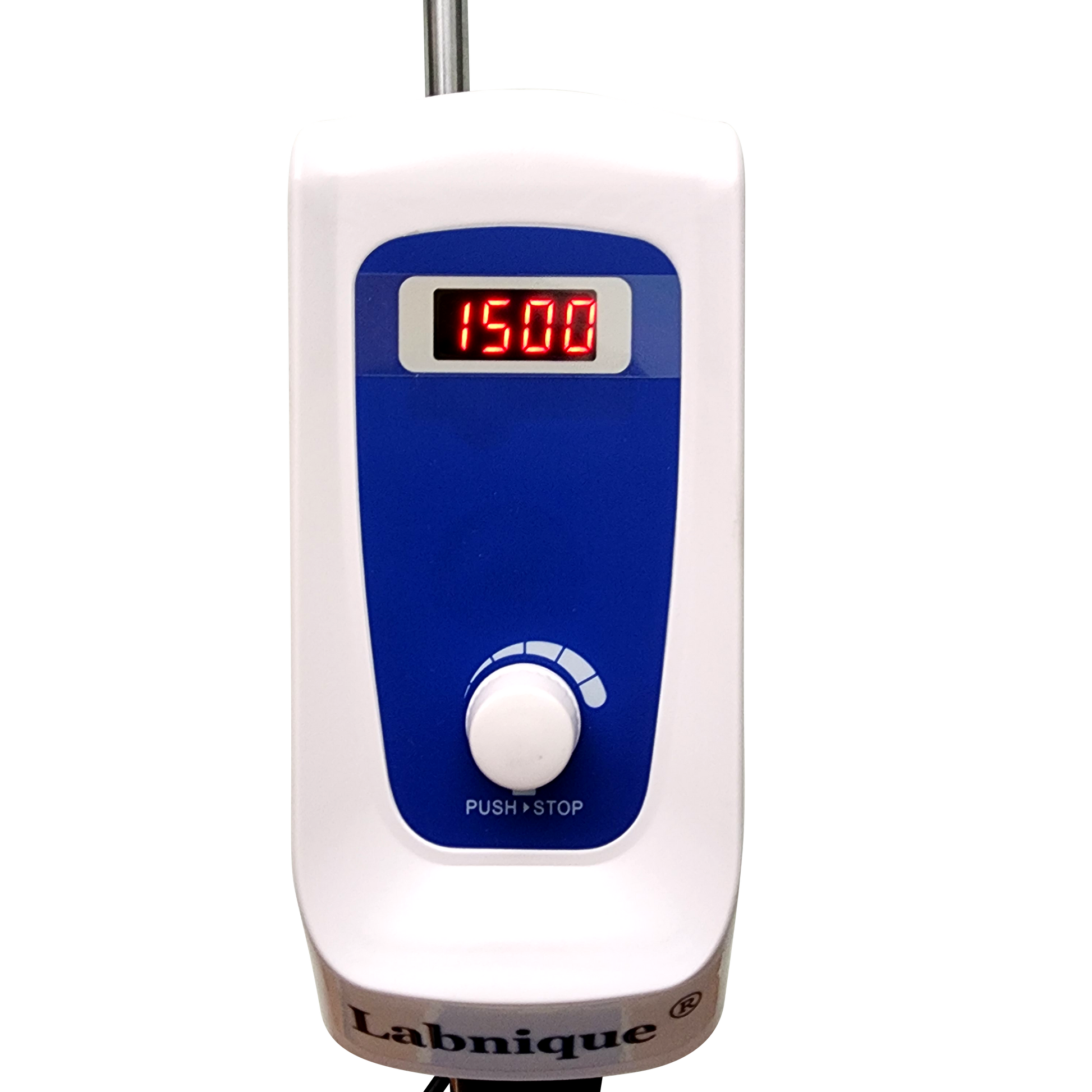 Labnique digital overhead stirrer, close-up of control panel with digital display and mode dial.