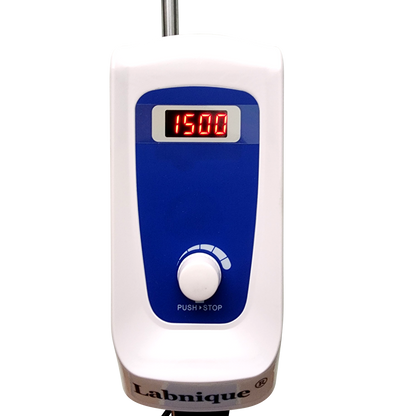 Labnique digital overhead stirrer, close-up of control panel with digital display and mode dial.
