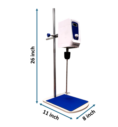 Labnique digital overhead stirrer, 20L, with stand, mixing platform, and dimensions: 26 inch height, 11x8 inch base.